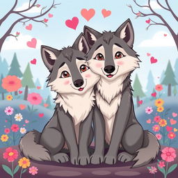 A charming cartoon illustration of two wolves in love, featuring a romantic setting with a soft color palette