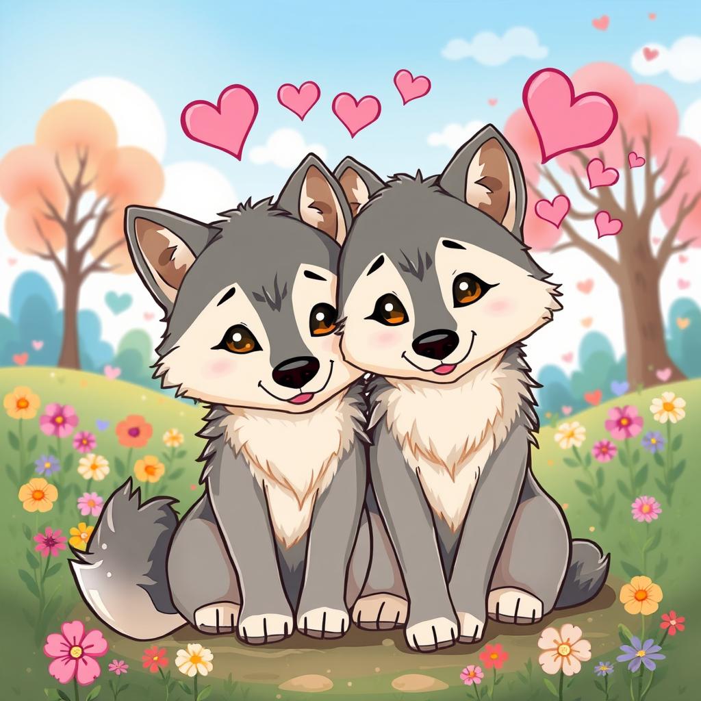 A charming cartoon illustration of two wolves in love, featuring a romantic setting with a soft color palette