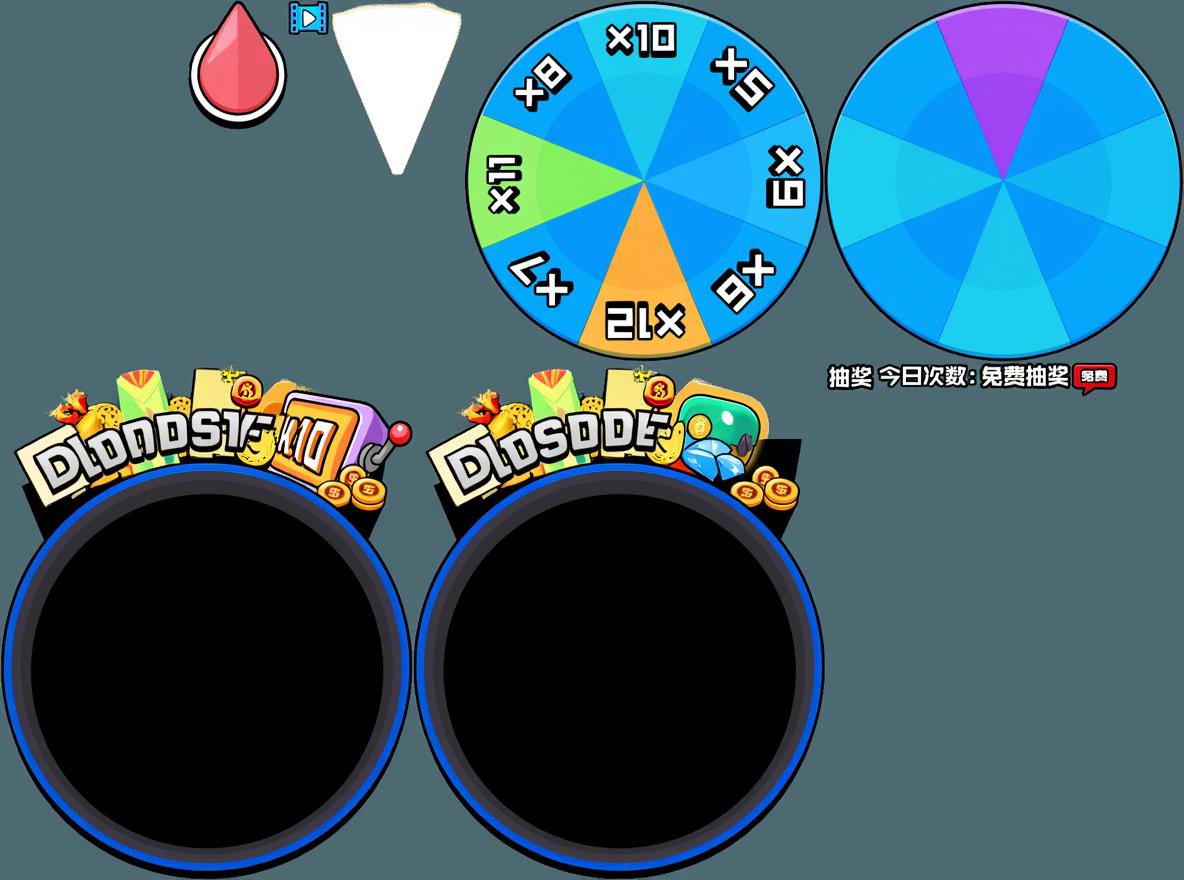 An image displaying game interface elements including a blood drop icon, a triangle icon, a wheel divided into sections labeled with various multipliers (x2, x3, x5, and more), and two circular slots that are currently blank