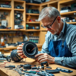 A skilled technician focused on repairing a mobile speaker in an inviting workshop