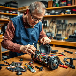 A skilled technician focused on repairing a mobile speaker in an inviting workshop