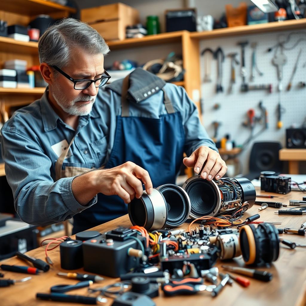 A skilled technician focused on repairing a mobile speaker in an inviting workshop