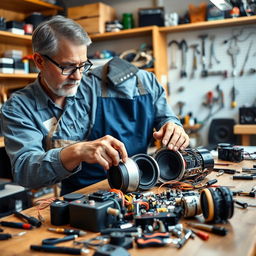 A skilled technician focused on repairing a mobile speaker in an inviting workshop