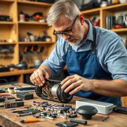 A skilled technician focused on repairing a mobile speaker in an inviting workshop