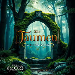 A creative book cover design featuring a mystical forest backdrop, illuminated by soft, ethereal light filtering through the towering trees