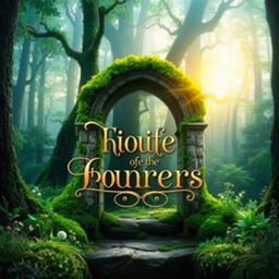 A creative book cover design featuring a mystical forest backdrop, illuminated by soft, ethereal light filtering through the towering trees