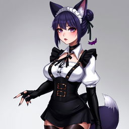 A sexy gothic semi-realistic anime kitsune girl maid with shoulder-length purple hair styled in a bun and captivating gothic makeup