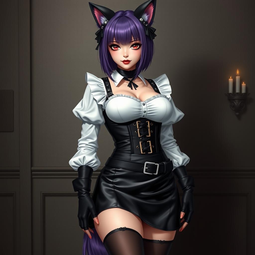 A sexy gothic semi-realistic anime kitsune girl maid with shoulder-length purple hair styled in a bun and captivating gothic makeup