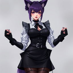 A sexy gothic semi-realistic anime kitsune girl maid with shoulder-length purple hair styled in a bun and captivating gothic makeup