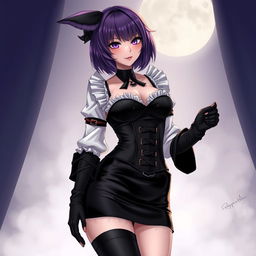 A sexy gothic semi-realistic anime kitsune girl maid with shoulder-length purple hair styled in a bun and captivating gothic makeup