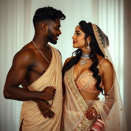 A sensual photoshoot featuring a hot Indian bride wearing a transparent saree that highlights her big cleavage and sexy navel, elegantly posed with a confident black male model, both exuding chemistry and allure