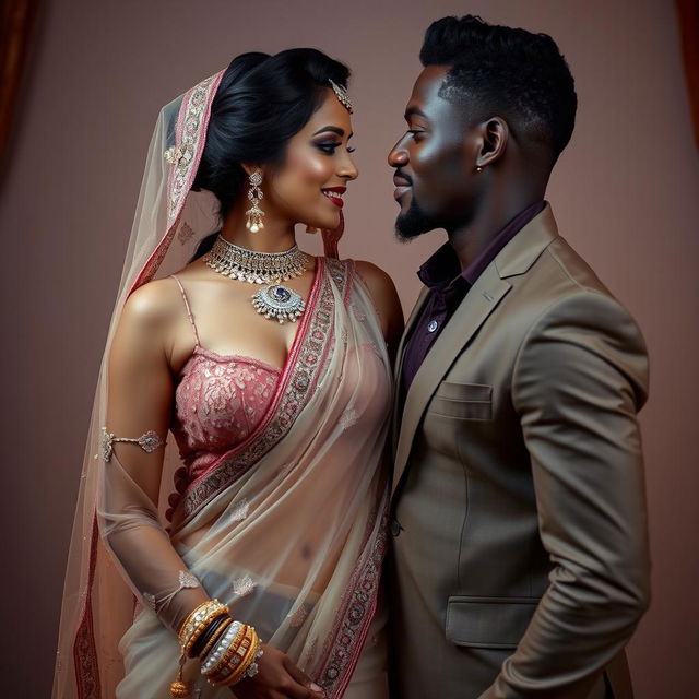 A sensual photoshoot featuring a hot Indian bride wearing a transparent saree that highlights her big cleavage and sexy navel, elegantly posed with a confident black male model, both exuding chemistry and allure