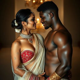 A sensual photoshoot featuring a hot Indian bride wearing a transparent saree that highlights her big cleavage and sexy navel, elegantly posed with a confident black male model, both exuding chemistry and allure
