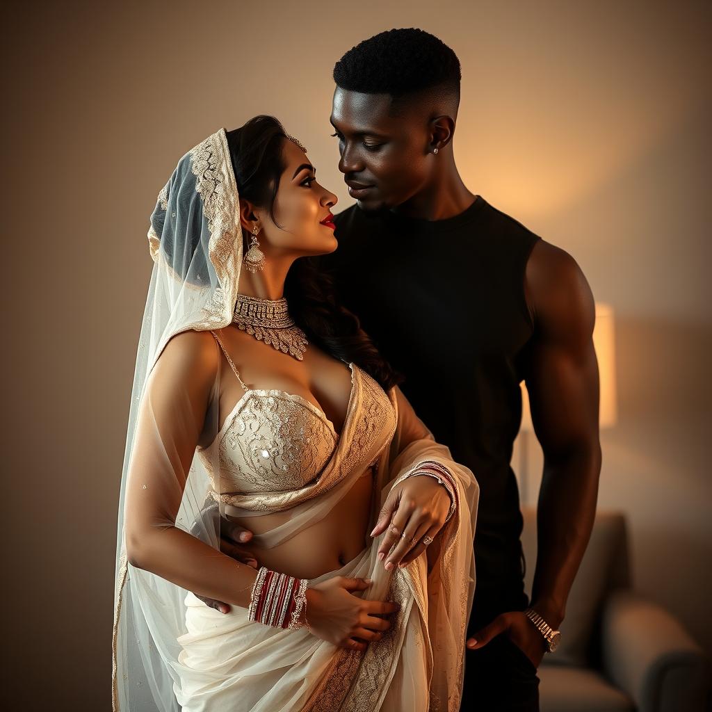 A sensual photoshoot featuring a hot Indian bride wearing a transparent saree that highlights her big cleavage and sexy navel, elegantly posed with a confident black male model, both exuding chemistry and allure