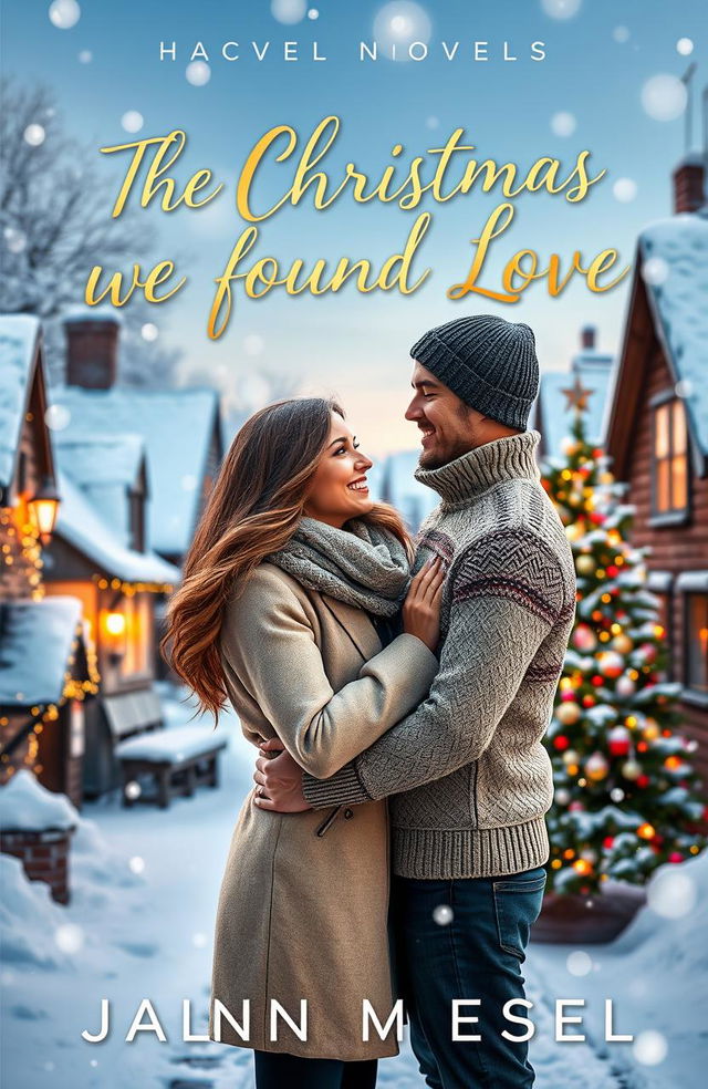 A romantic book cover design for a novel titled "THE CHRISTMAS WE FOUND LOVE"