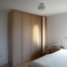 A cozy, well-lit bedroom featuring a spacious wardrobe and a sleek, modern dressing unit.