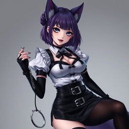 A sexy gothic semi-realistic anime kitsune girl maid with shoulder-length purple hair styled in a bun and captivating gothic makeup