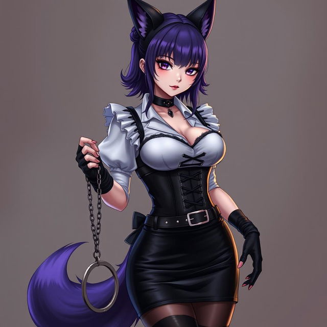 A sexy gothic semi-realistic anime kitsune girl maid with shoulder-length purple hair styled in a bun and captivating gothic makeup