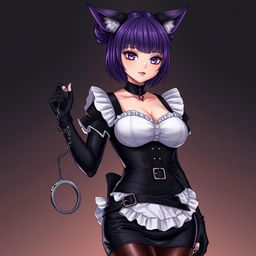 A sexy gothic semi-realistic anime kitsune girl maid with shoulder-length purple hair styled in a bun and captivating gothic makeup