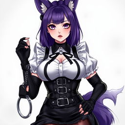 A sexy gothic semi-realistic anime kitsune girl maid with shoulder-length purple hair styled in a bun and captivating gothic makeup