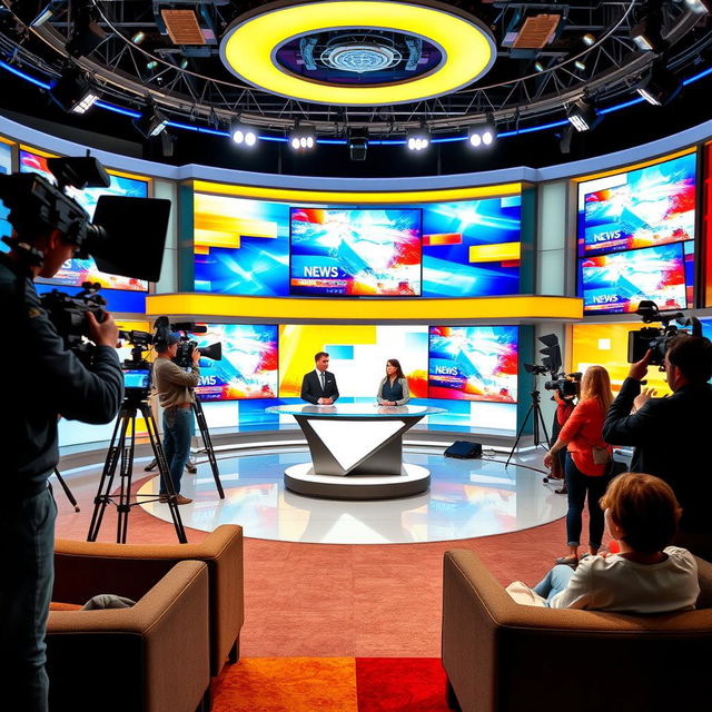 A modern television studio filled with bright light, featuring multiple screens displaying dynamic news graphics