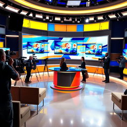 A modern television studio filled with bright light, featuring multiple screens displaying dynamic news graphics