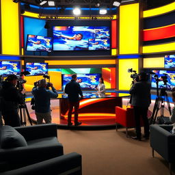 A modern television studio filled with bright light, featuring multiple screens displaying dynamic news graphics