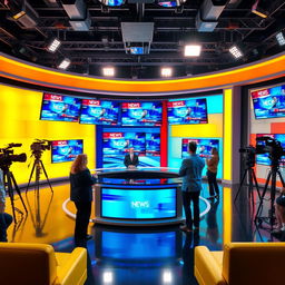 A modern television studio filled with bright light, featuring multiple screens displaying dynamic news graphics