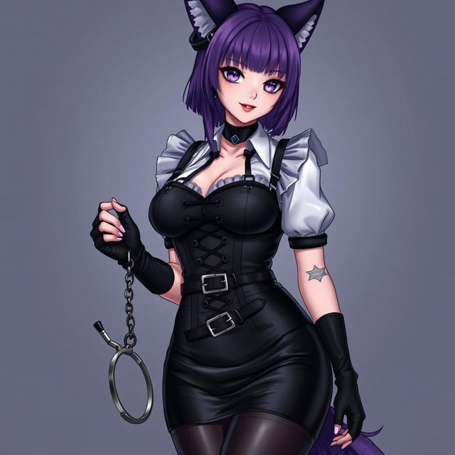 A sexy gothic semi-realistic anime kitsune girl maid with shoulder-length purple hair styled in a bun and alluring gothic makeup