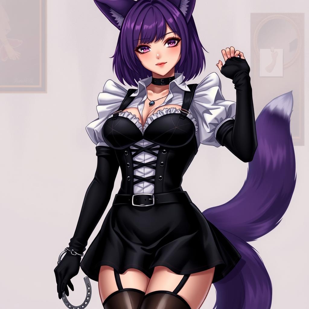 A sexy gothic semi-realistic anime kitsune girl maid with shoulder-length purple hair styled in a bun and alluring gothic makeup