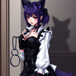 A sexy gothic semi-realistic anime kitsune girl maid with shoulder-length purple hair styled in a bun and alluring gothic makeup