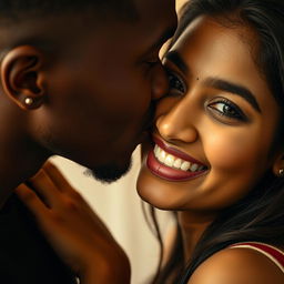 A close-up image of a passionate kiss between a charming black male and a stunning Indian girl