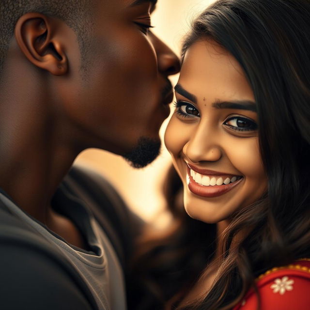 A close-up image of a passionate kiss between a charming black male and a stunning Indian girl