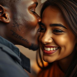 A close-up image of a passionate kiss between a charming black male and a stunning Indian girl