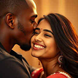 A close-up image of a passionate kiss between a charming black male and a stunning Indian girl