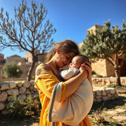 A tender scene of a mother lovingly hugging her baby in a picturesque Palestinian setting, showcasing the warmth and connection between them