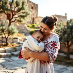 A tender scene of a mother lovingly hugging her baby in a picturesque Palestinian setting, showcasing the warmth and connection between them