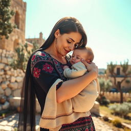 A tender scene of a mother lovingly hugging her baby in a picturesque Palestinian setting, showcasing the warmth and connection between them