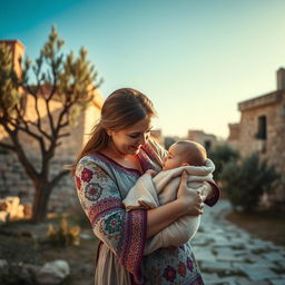 A tender scene of a mother lovingly hugging her baby in a picturesque Palestinian setting, showcasing the warmth and connection between them