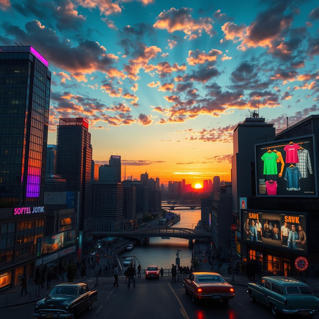 A dazzling city skyline at dusk, illuminated by colorful neon lights