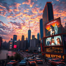 A dazzling city skyline at dusk, illuminated by colorful neon lights