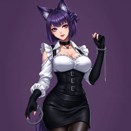 A sexy gothic semi-realistic anime kitsune girl maid with shoulder-length purple hair styled in a bun and alluring gothic makeup