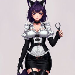 A sexy gothic semi-realistic anime kitsune girl maid with shoulder-length purple hair styled in a bun and alluring gothic makeup
