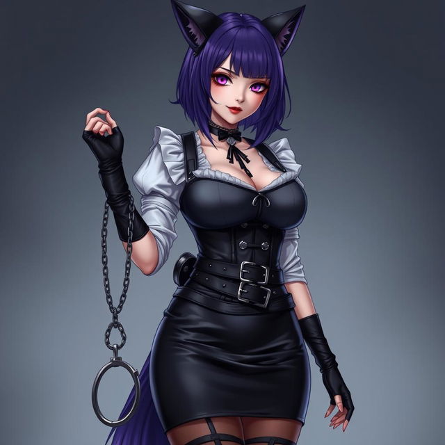 A sexy gothic semi-realistic anime kitsune girl maid with shoulder-length purple hair styled in a bun and alluring gothic makeup