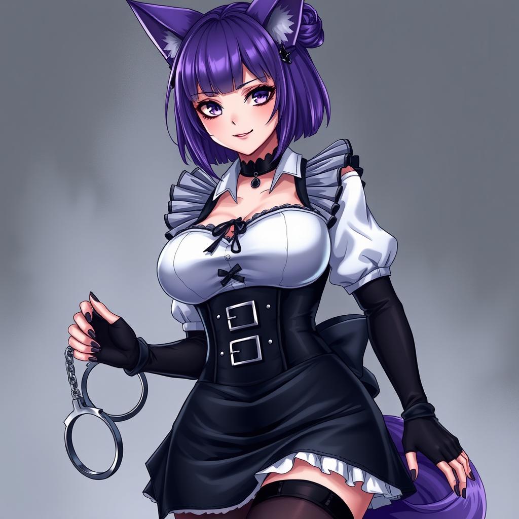 A sexy gothic semi-realistic anime kitsune girl maid with shoulder-length purple hair styled in a bun and alluring gothic makeup