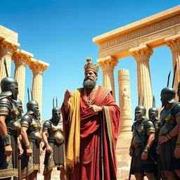 A vivid portrayal of Cyrus the Great standing majestically at Persepolis, giving orders to a group of ancient Achaemenid soldiers