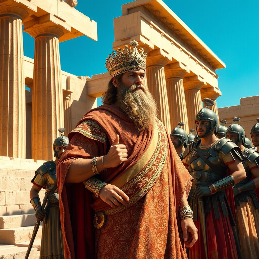 A vivid portrayal of Cyrus the Great standing majestically at Persepolis, giving orders to a group of ancient Achaemenid soldiers