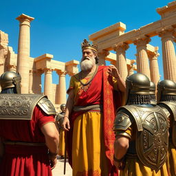 A vivid portrayal of Cyrus the Great standing majestically at Persepolis, giving orders to a group of ancient Achaemenid soldiers