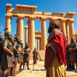 A vivid portrayal of Cyrus the Great standing majestically at Persepolis, giving orders to a group of ancient Achaemenid soldiers