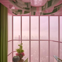 A skyscraper penthouse apartment with Baroque-styled wallpaper, expansive windows that exhibit a breathtaking city view above the clouds. The interior is modern, with a colour scheme of pink and green, polka dot elements, a fiddle leaf plant and framed artworks.